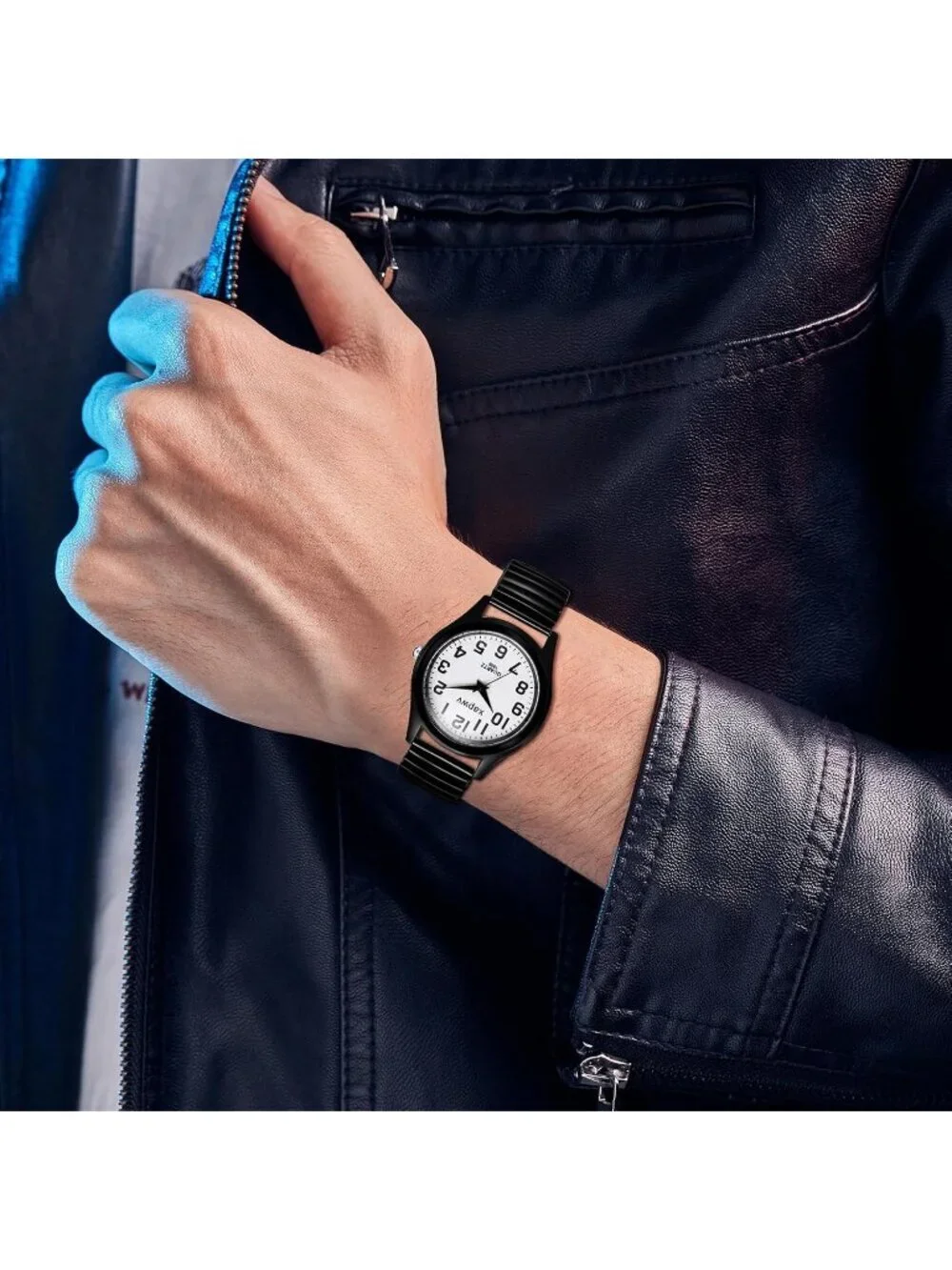 Men's Black White Stretch Band Couple Bangle Ultrathin Elastic Strap Wrist Watch